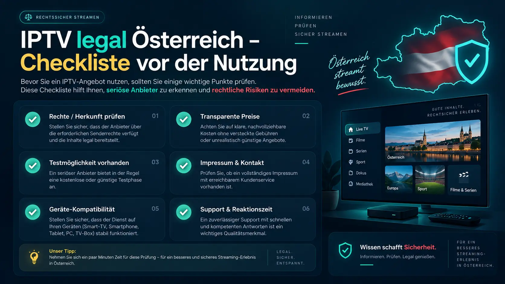 IPTV legal Österreich – Rechte, Warnsignale und Anbieter prüfen