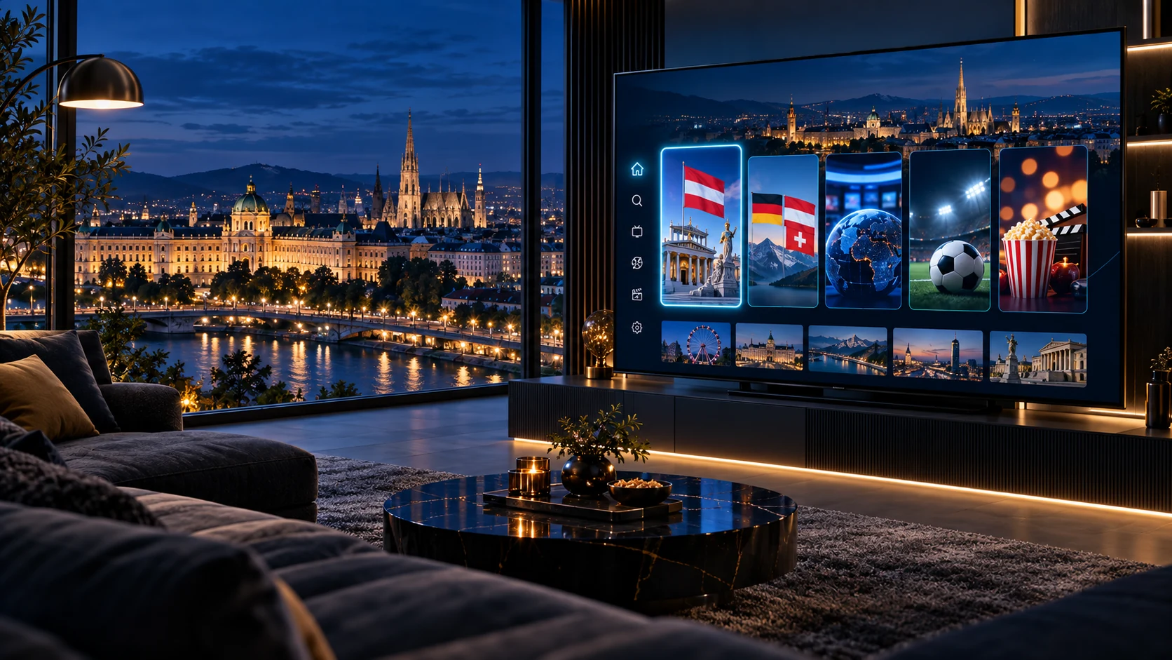 Österreichische IPTV Senderauswahl auf Smart TV in moderner Wohnumgebung
