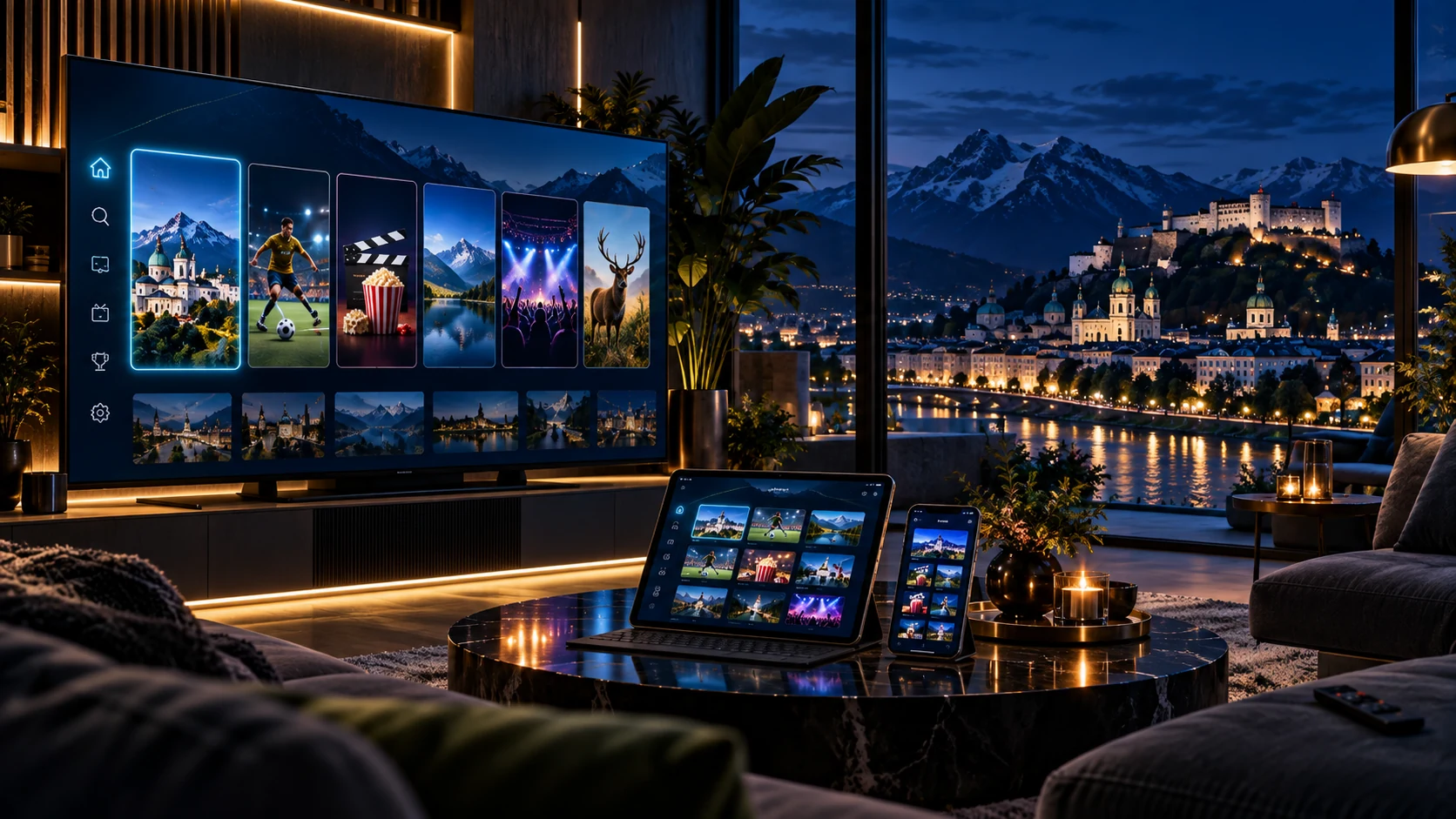 Senderübersicht auf Smart TV und Tablet mit österreichischen TV-Kategorien